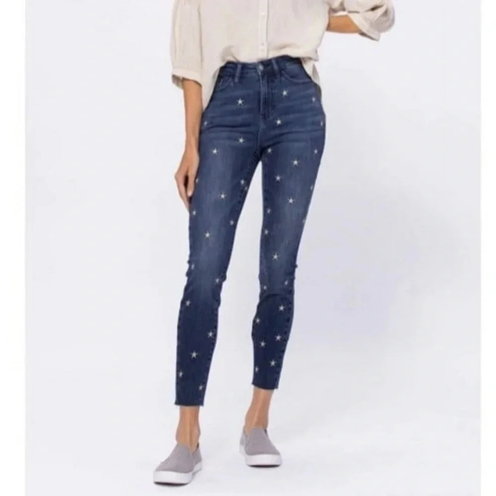 Judy Blue High Rise Starry Night Celestial Raw Edge Embroidered Skinny Jeans